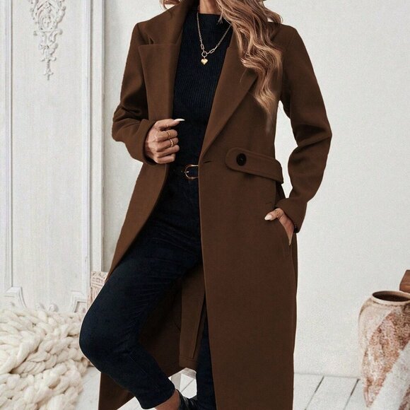 Coffee Brown Casual Women's Notched Collar long coat